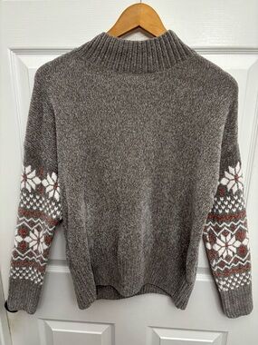 Christian Siriano Gray Fair Isle Patterned Nordic Ribbed Knit Sweater, Sz L